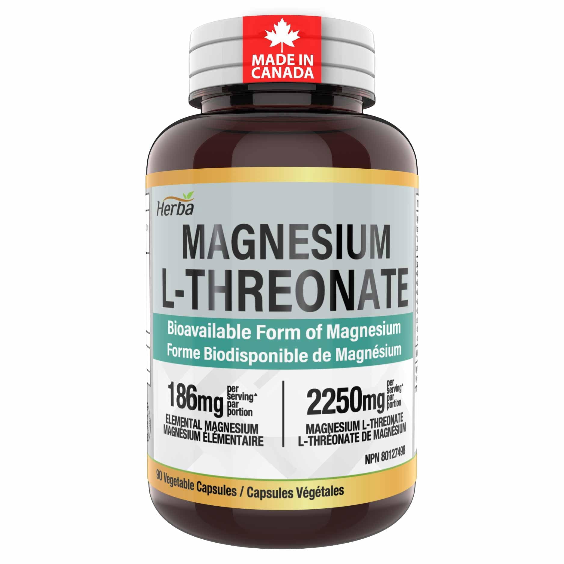 Herba Herba Magnesium L-Threonate Supplement – 186mg of Elemental Magnesium per Serving from L Threonate - 90 Capsules | Made in Canada