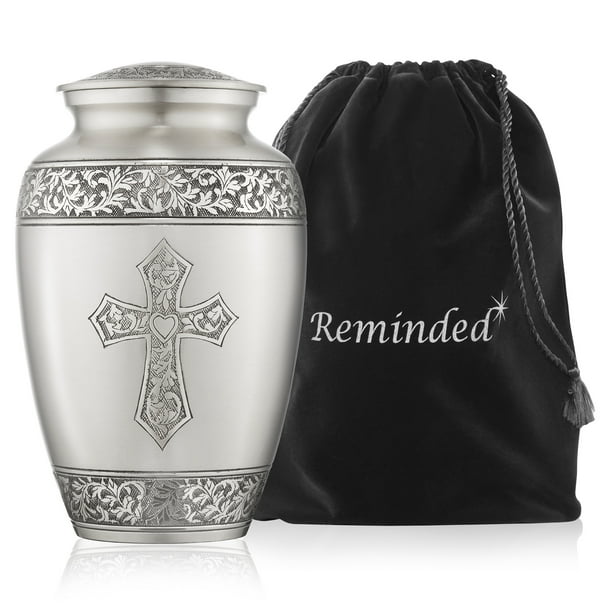 Reminded Adult Cremation Memorial Urn for Human Ashes, Pewter Etched