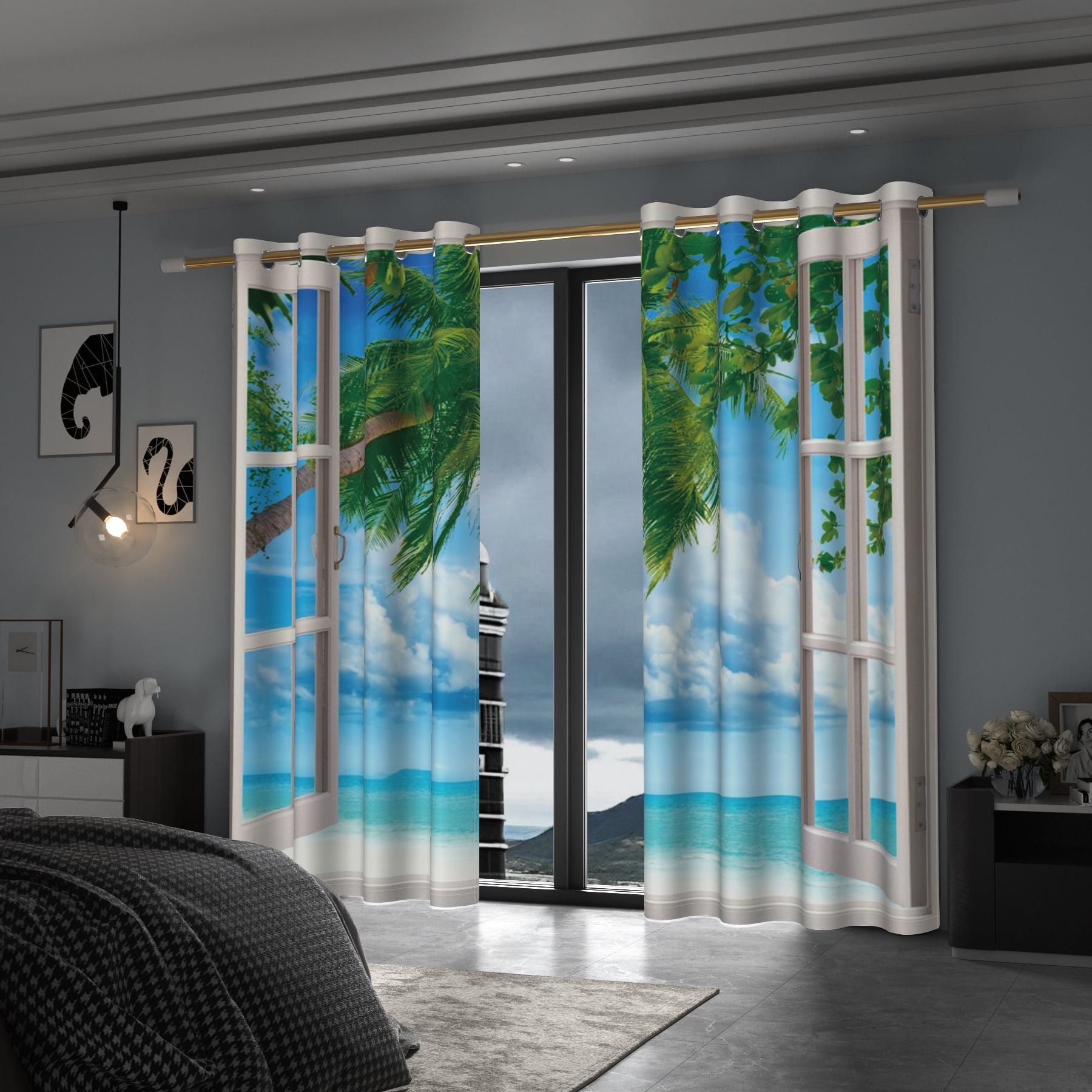 Summer Ocean Beach Blackout Curtains, Room Darkening Grommet Curtains, White Window View, 52"x96", 2 Panel