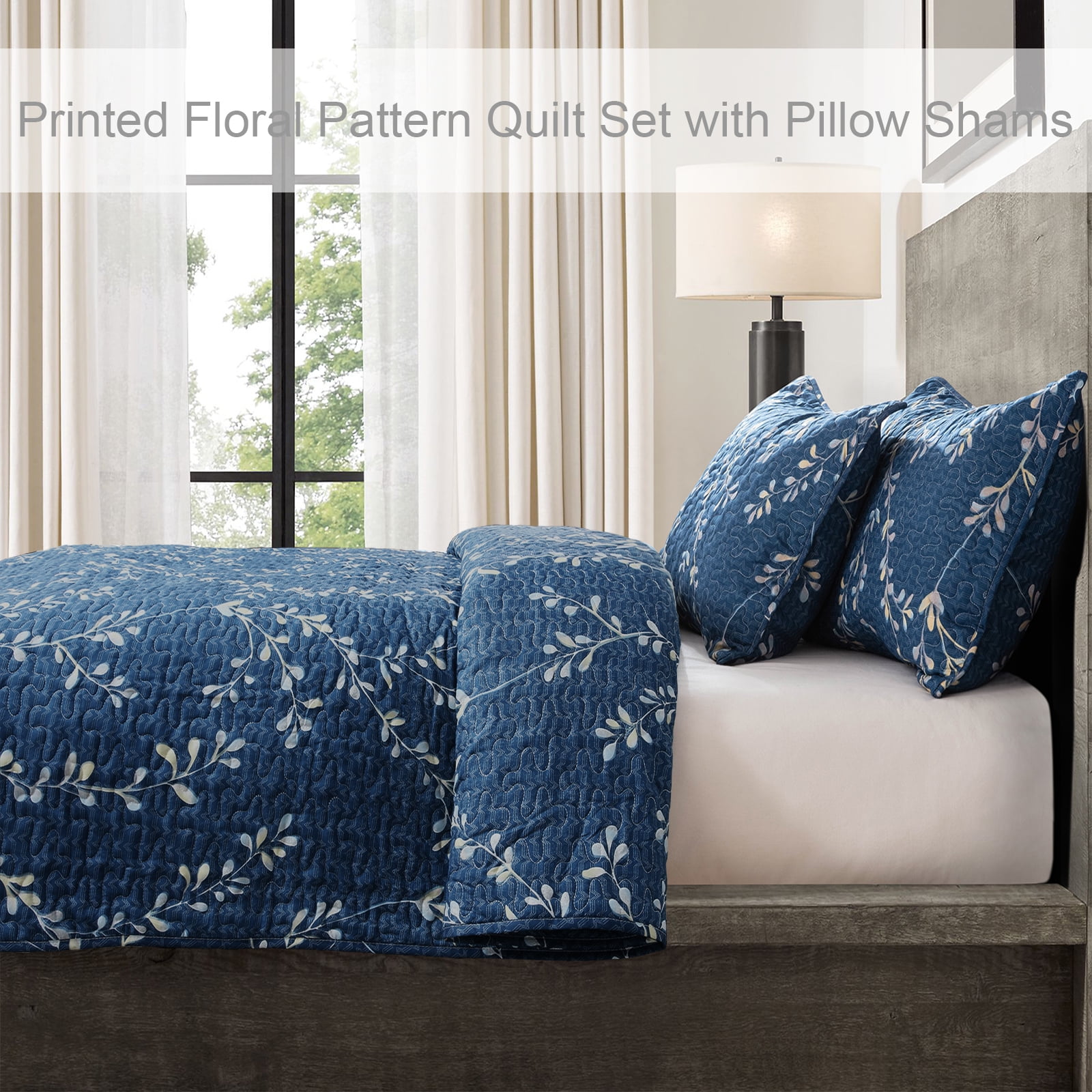 Exclusivo Mezcla Microfiber King Size Quilt Set, 3 Pieces Lightweight Bedspreads/ Coverlet/ Bedding Set with 2 Pillow Shams, Gradient Floral Pattern, (96"x 104", Navy)