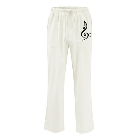 

Amtdh Lounge Pants for Men Clearance Relaxed Fit Music Style Print Drawstring Elastic Waist Men s Cotton Linen Full Leg Pants Breathable Casual Comfy Trousers Mens Chino Pants White S