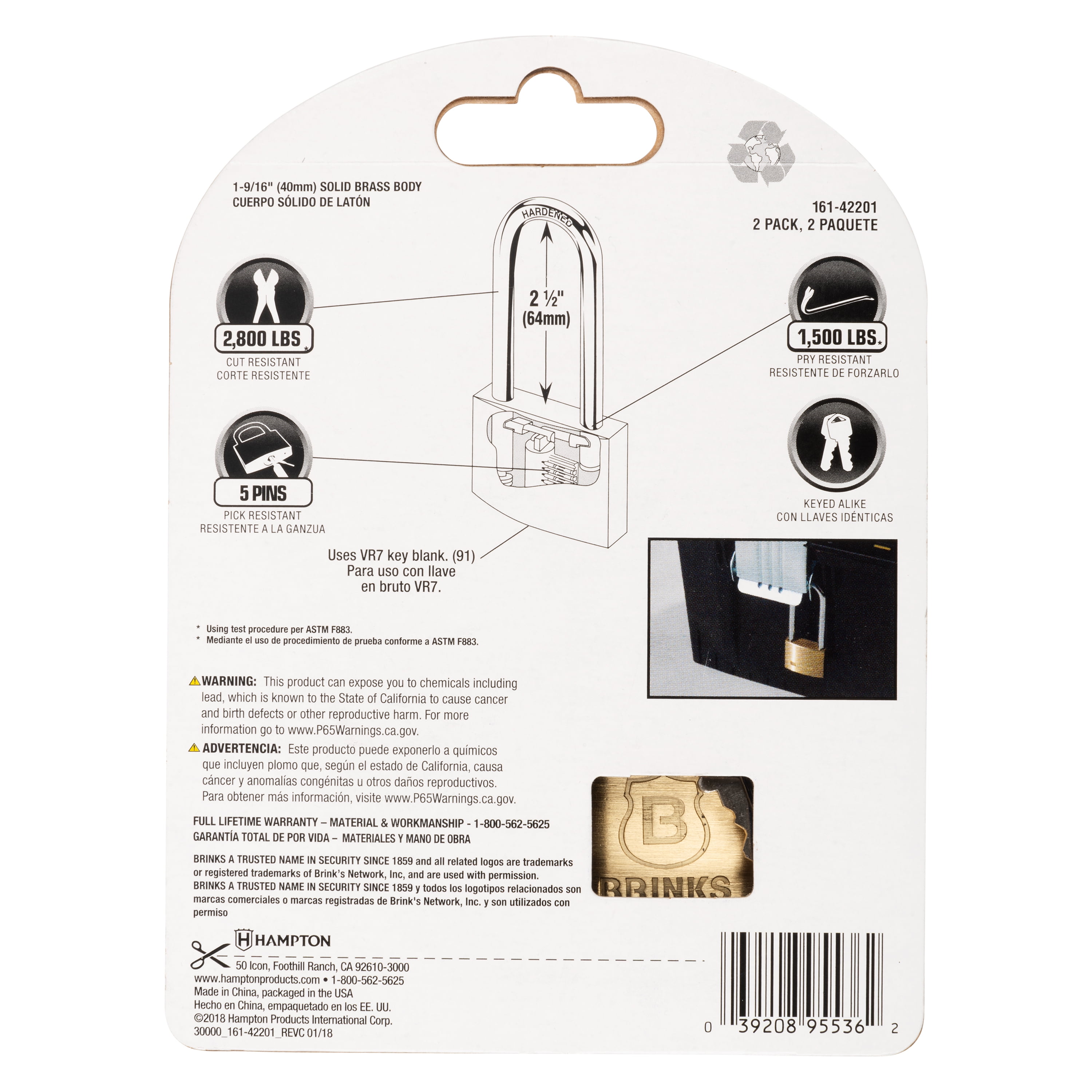 (6 pack) Brinks Solid Brass Padlock 40mm Body with 2-1/2 inch Long Shackle, 2 pack