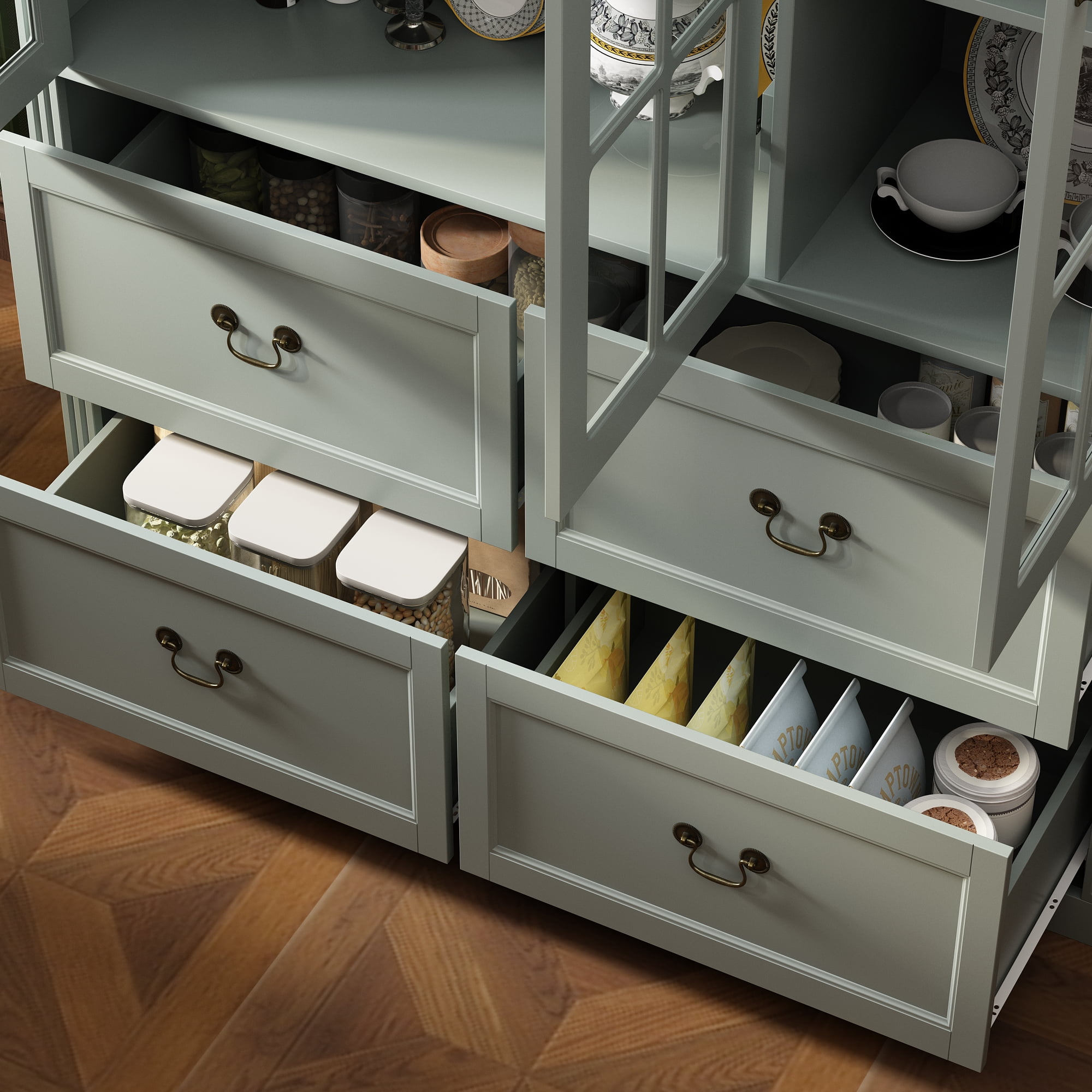 KULAGAGA 78.7" H Kitchen Pantry Cabinet with 4 Drawes, Display Storage Cabinet Bookcase for Home Office, Light Gray