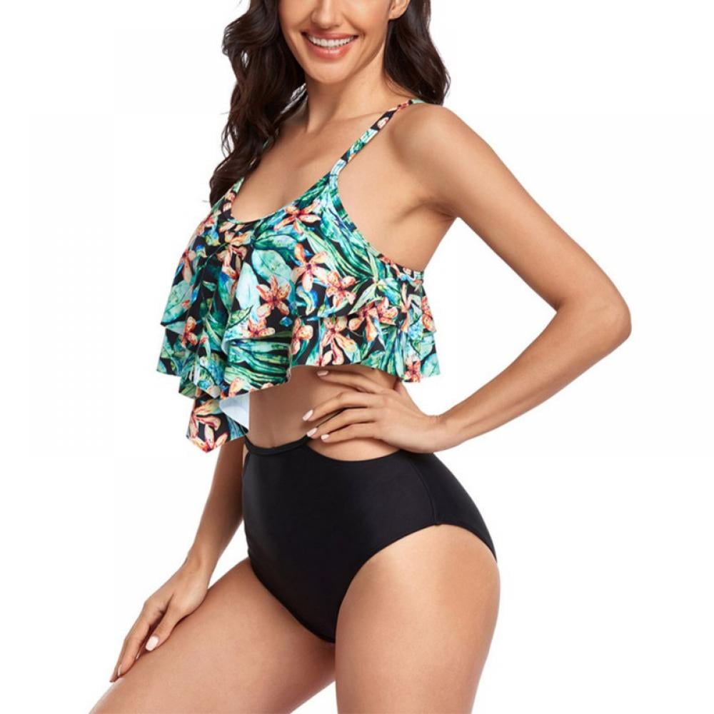Ulanda-Swimsuits for Women Two Piece Bathing Suits High Waisted Bottom with Ruffled Flounce Top Bikini Set Swim Suits 