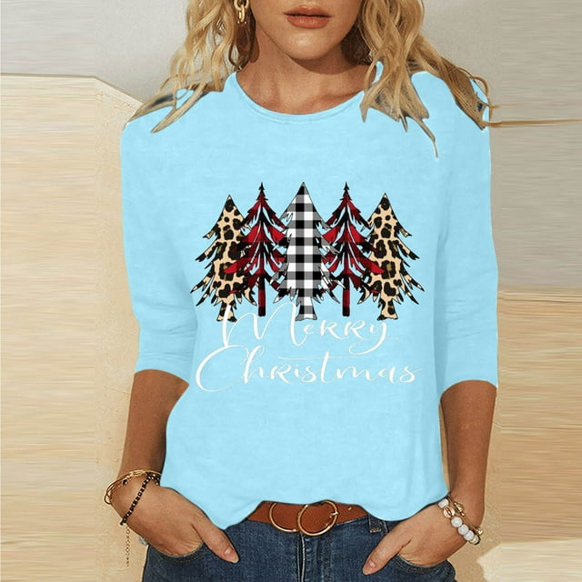 Meichang Cadeaux de Noël pour Femmes Manches 3/4 Coupe Ample Col Rond Hauts d'Automne Joyeux Noël T-Shirts Graphiques Décontractés Hauts de Vacances Blouses