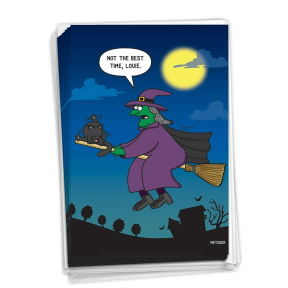 NobleWorks, Cat On Broom - 12 Funny Halloween Cards Boxed - Bulk Set, C7091HWG-B12x1