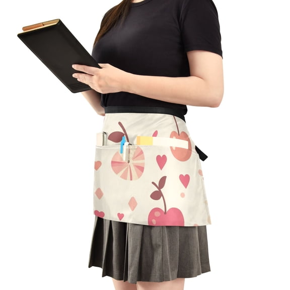 Cute Cherry Print Server Apron with 3 Pockets Waist Apron for Waiter Waitress