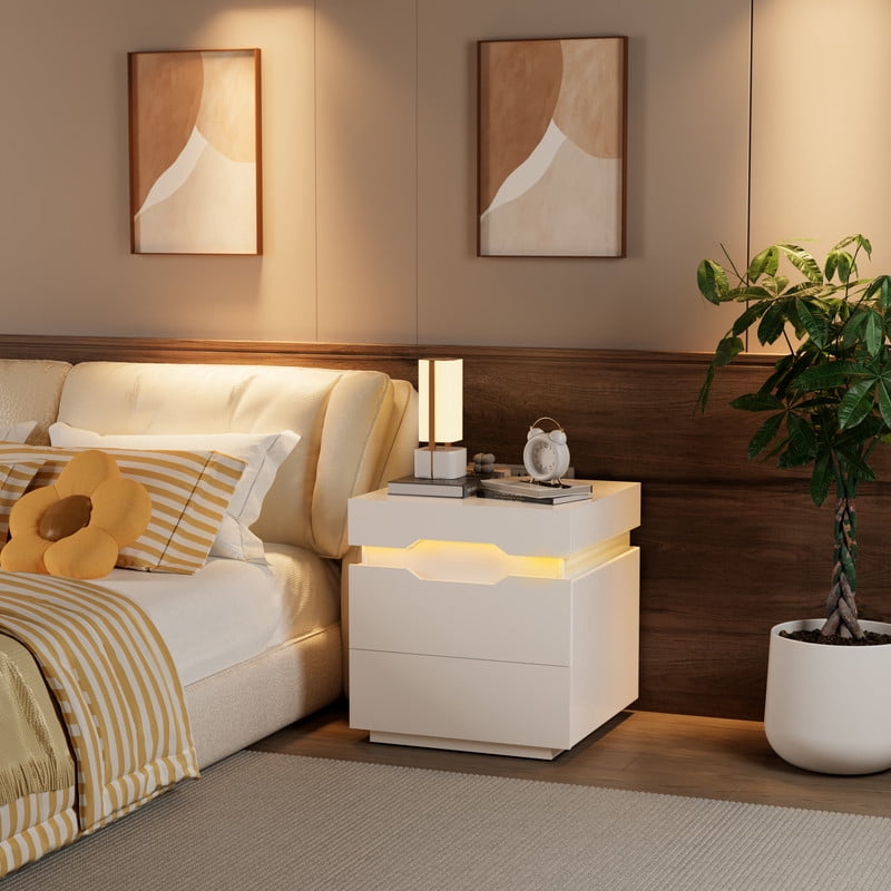 Vineego LED Nightstand with Charging Station, End Table Beside Table with 2 Drawers & Sliding Top for Bedroom Living Room,White