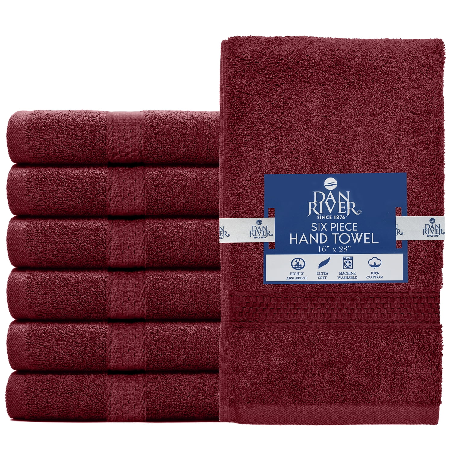 Dan River Hand Towel pack of 6 Quick Dry And Absorbent Cotton Towels for Bathroom - Burgundy 16x28in