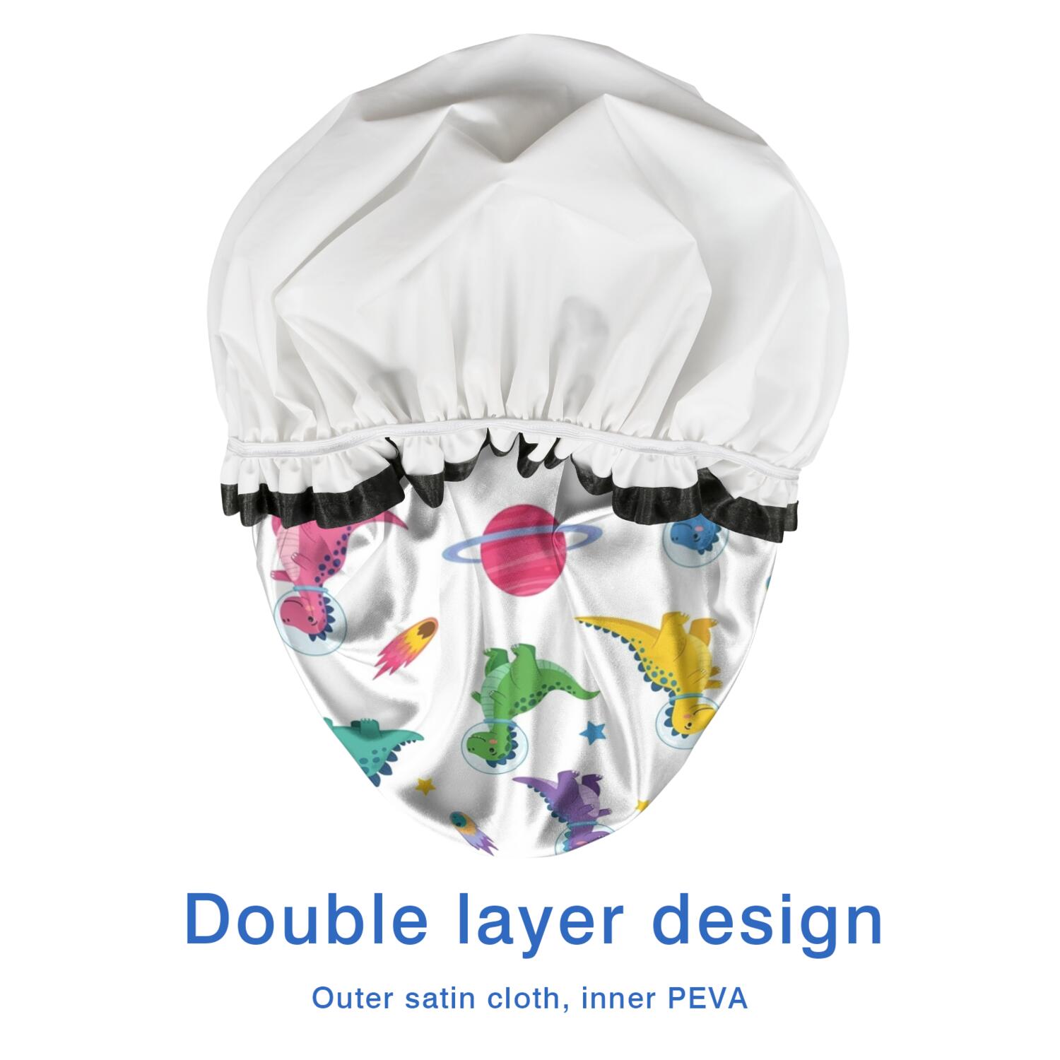 Shower Caps,White Dinosaurs Space Pattern Waterproof Shower Cap for Women 4 Pieces,Double Reusable Hair Cover for Shower PEVA Elastic Stretch Hem