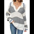thumbnail image 3 of Suéter de Punto para Mujer, con Solapa A Rayas, Holgado, Cuello en V, Informal, de Larga y Bloques de Color, para Otoño e Invierno Rayas Blancas Grises M, 3 of 8