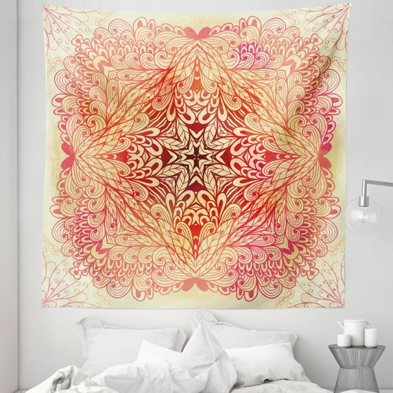 Mandala Tapestry, Hand Drawn Ombre Doodle Style Flowers Swirls Ivy in Square Shape Image, Fabric Wall Hanging Decor for Bedroom Living Room Dorm, 5 Sizes, Pink Yellow and White, by Ambesonne