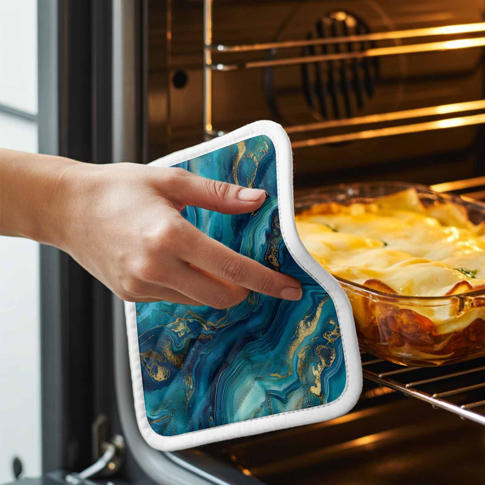 Teal Blue Marble Pot Holders for Kitchen Heatproof Potholder, 5 Pack Ink Painting Modern Abstract Yellow Hot Pads Multipurpose Oven Pads Cloth Potholders Trivet for Cooking Baking