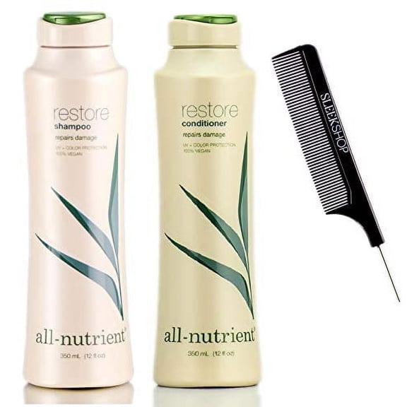 All-Nutrient RESTORE Shampoo & Conditioner DUO SET, Repairs Dry-Damaged Hair (w/Sleek Comb) UV+ Color Protection, 100% Vegan (12 oz + 12 oz DUO KIT)