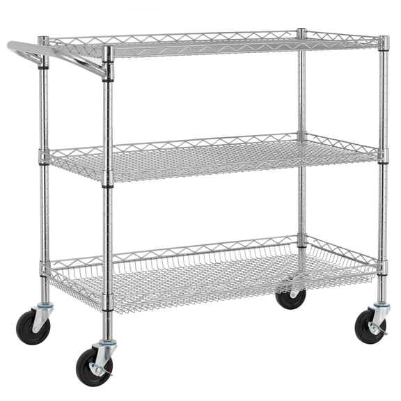 Finnhomy 3 Tier Heavy Duty Commercial Grade Utility Cart, Wire Rolling Cart with Pushing Handle Bar, Steel Metal Kitchen Service Trolly with Wheels, Shelf Size 18" D x 36" W, NSF, Chrome