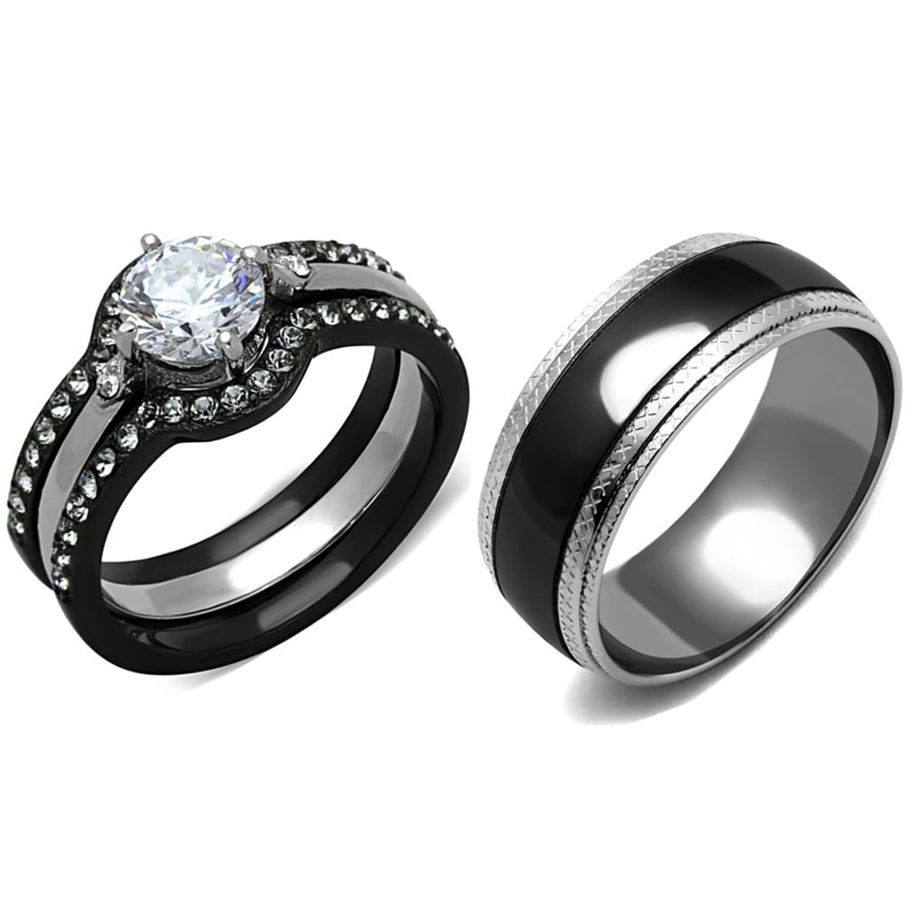 His Hers 4 Piece Wedding Ring Set AAA CZ Black IP Stainless Steel & Titanium LO 