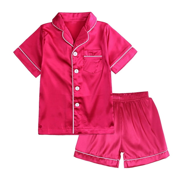 Pijama Honeeladyy para niño y niña, de seda, con botones, ideal para dormir, para estar en casa, regalo para niños de 2 a 3 años, color rosa intenso.