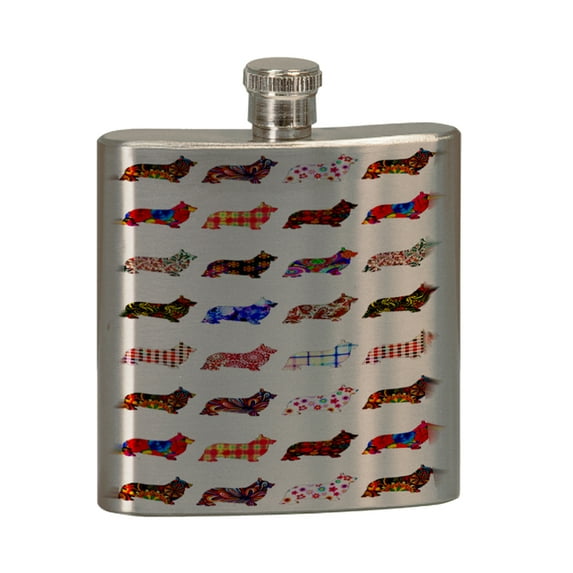 KuzmarK 6 oz. Stainless Steel Flask Set in Black Presentation Box - Welsh Corgie Dog