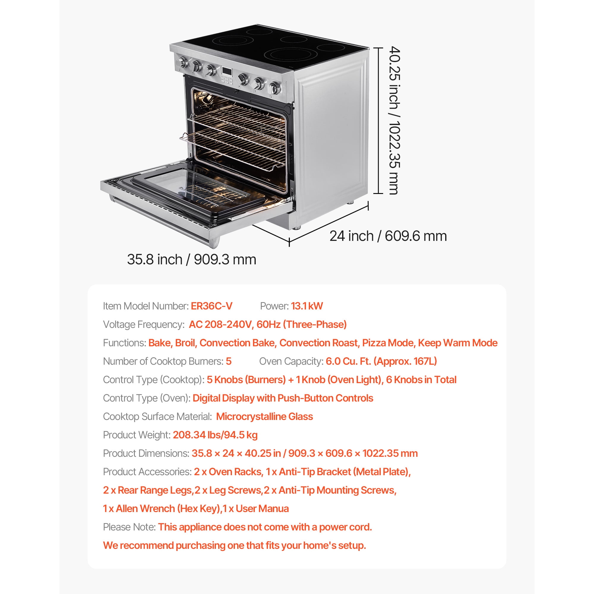 KFFKFF 36-inch Electric Range Oven, 6.0 Cu. Ft. Freestanding Stainless Steel Stove, Features 5 Burners, Digital Controls, Adjustable Racks, Ideal for Apartments and RVs (No power cord)