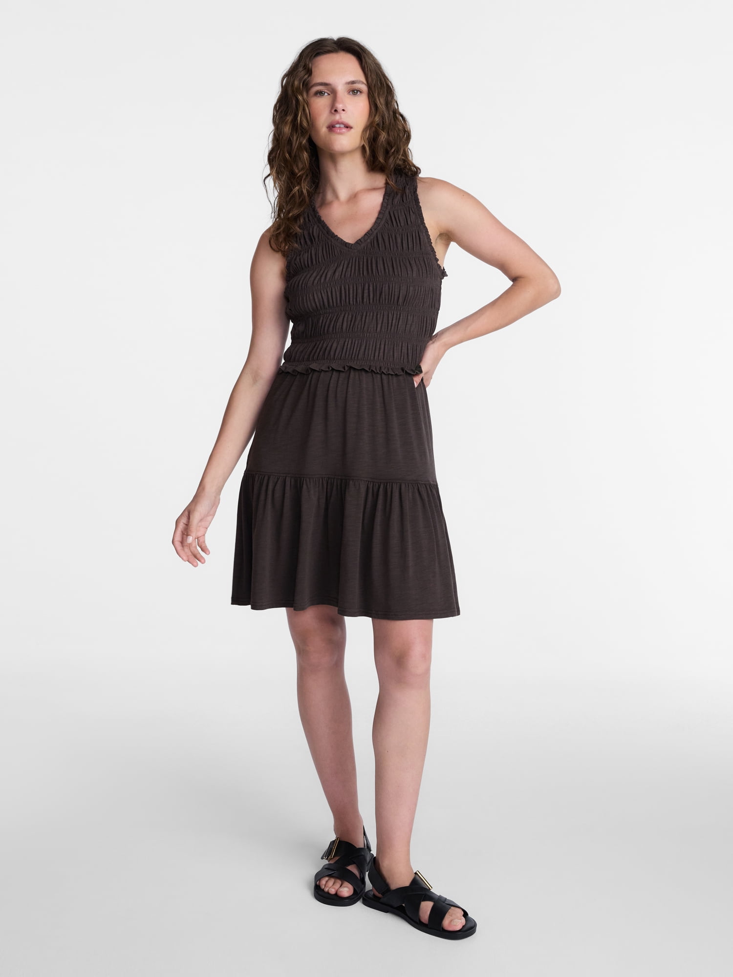 Time and Tru Women's Smocked Sleeveless Mini Dress with Ruffle Trim, Sizes XS-XXXL