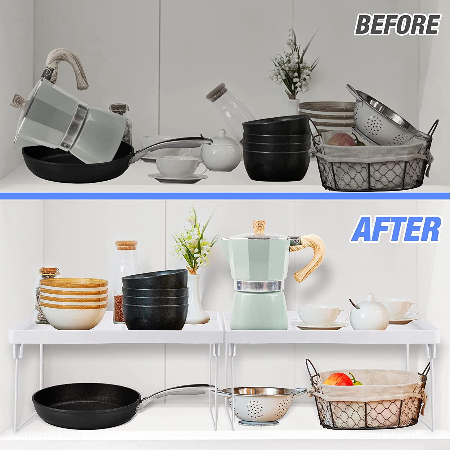 NiHome 4Pack Stackable Plastic Kitchen Storage Shelf Foldable Rack, White Kitchen Cabinet Organizer and Storage Shelves Stackable Expandable Storage Racks for Counter Cabinet Pantry