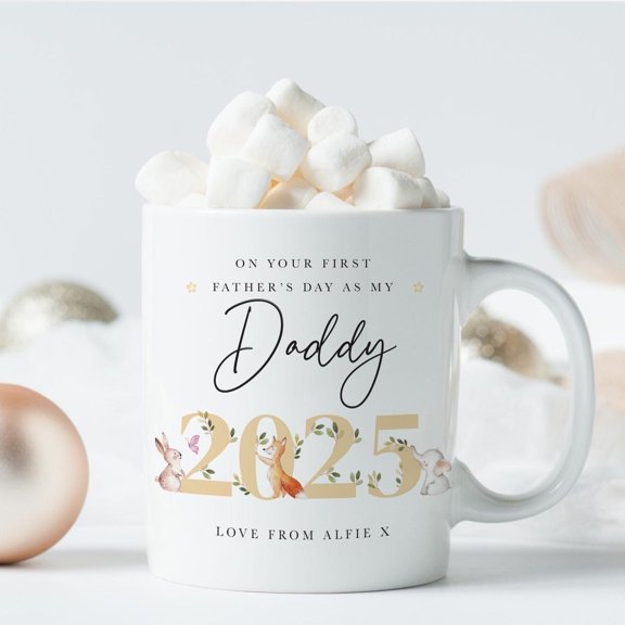 Personalised First Father’s Day Mug and Coaster Gift Set for New Dad Name and Year Cute Woodland Animal Design for New Daddy 2026