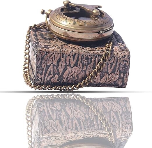 Brass Sundial Compass with Leather Case & Chain, Pocket Compass,