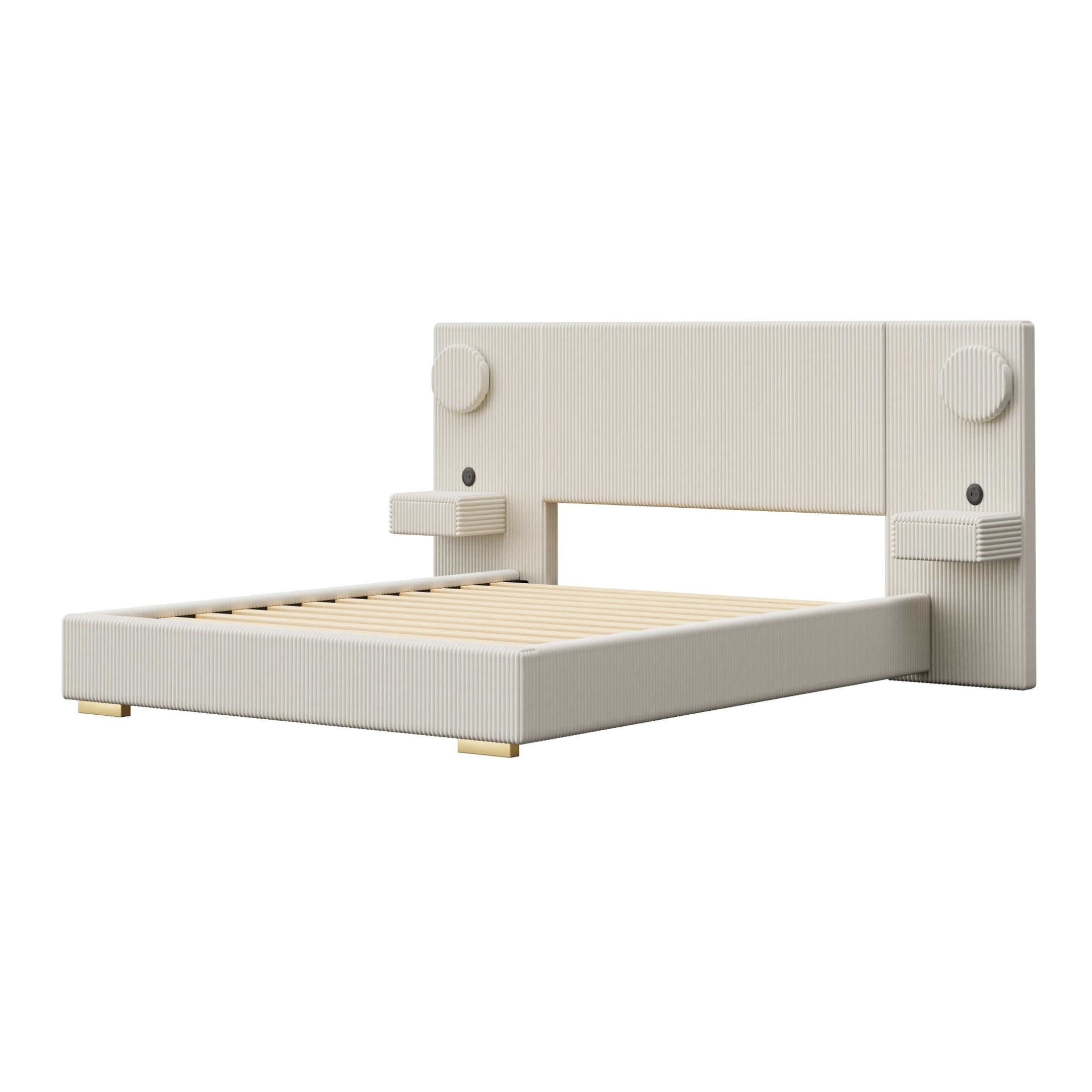 Noble House Dellas Queen Size Upholstered Platform Bed with LED Lights, Charging Ports & Side Storage Drawers, Beige