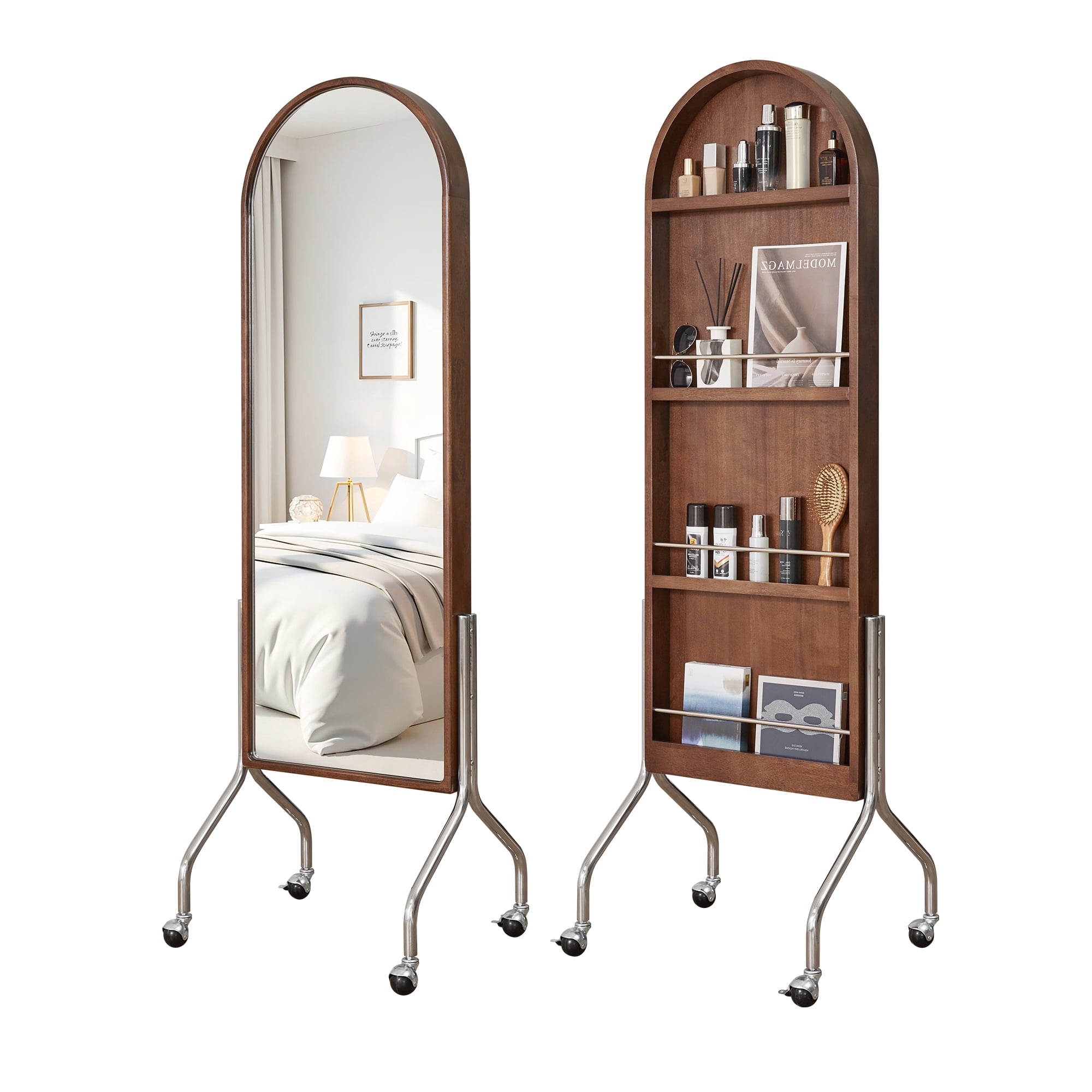 Arched Full Length Mirror with Storage Shelves & Wheels, Rubber Wood Frame Floor Mirror, Freestanding Rolling Mirror with Cart, 2-in-1 Dressing Mirror & Bookcase for Bedroom Living Room