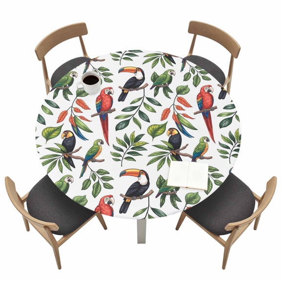 Farmhouse Parrots Fitted Tablecloth with Elastic Edged, Round Table Cloth for Dining Table, Spring Summer Botanical Leaf Watercolor Waterproof Oil Proof Table Cover for Indoor Outdoor 45"-54"