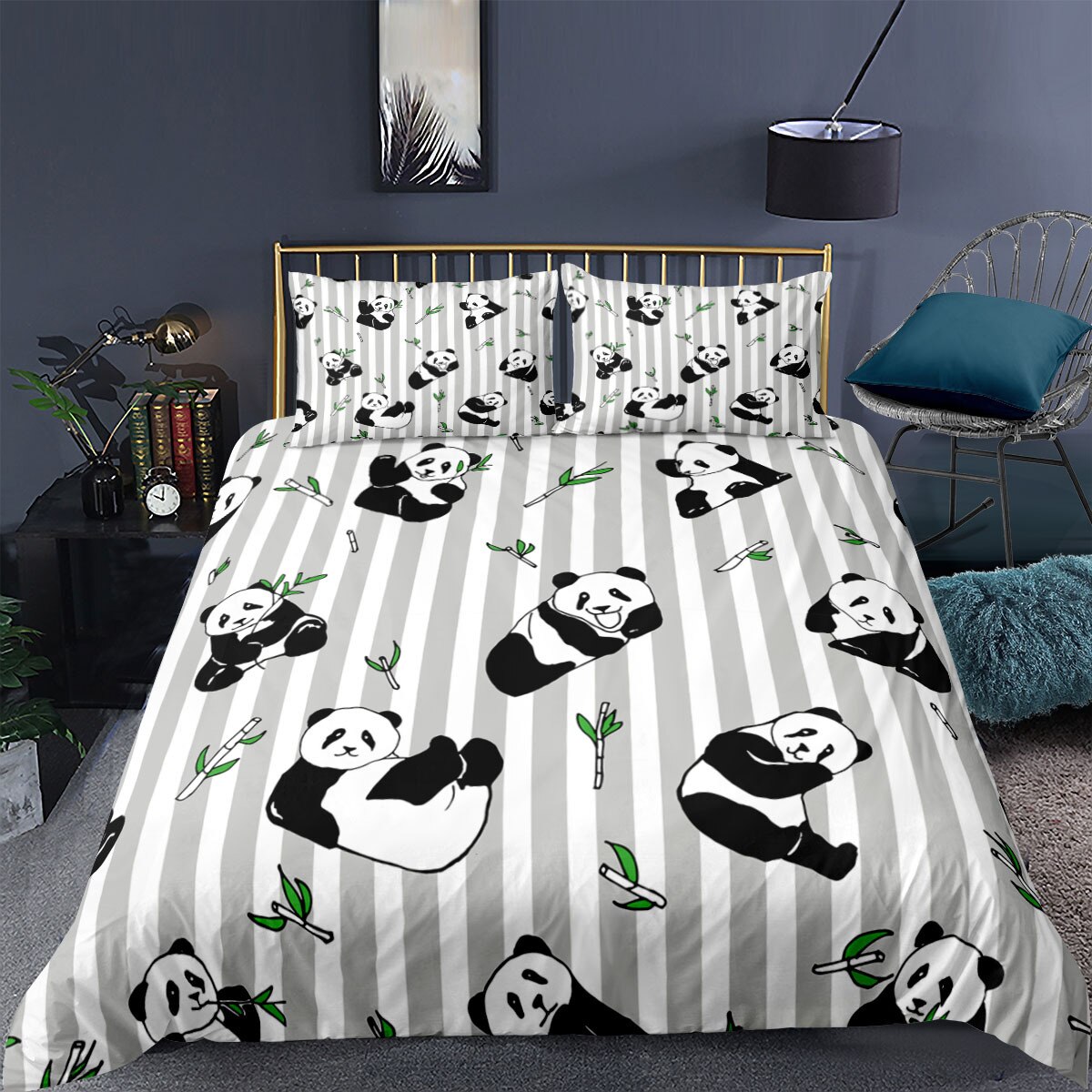 Panda Duvet Cover Cartoon Style Cute Kawaii Bear Drawing Polyester King