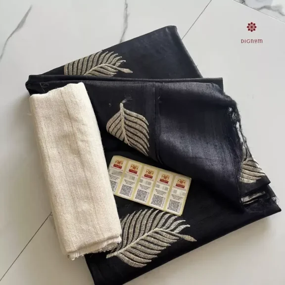 Black Tussar Ghicha Silk Embroidery Saree