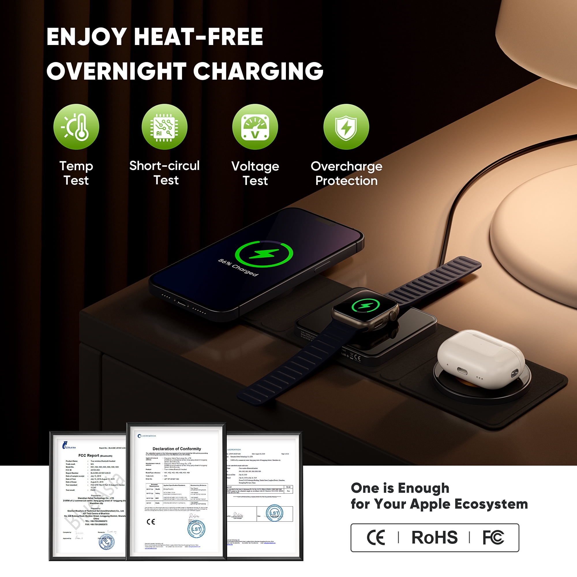 GUSGU 3 in 1 Charging Station, Leathe Surface, Magnetic Foldable 3 in 1  Wireless Charging Stand for iPhone 15/14/13/12, Apple Watch S1-8/Ultra, AirPods