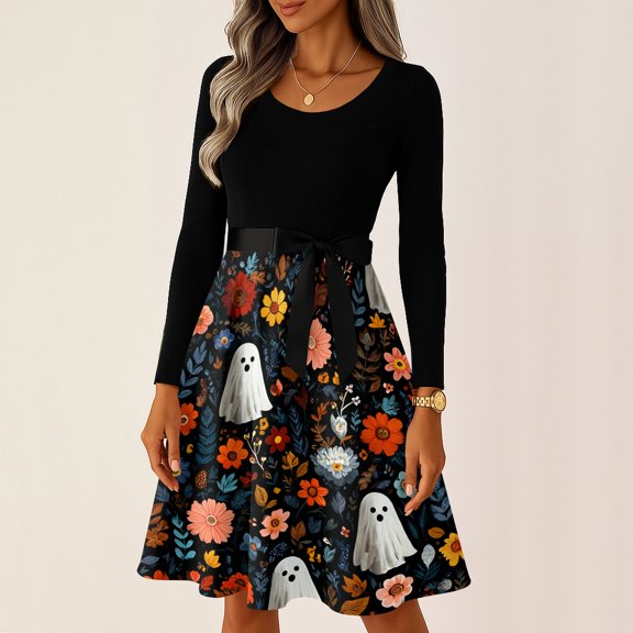 Womens Halloween Hepburn Dresses Bat Pumpkin Long Sleeve Funny Hepburn Dress Witch Hat Ghost Crew Neck Horror Hepburn Dresses, S