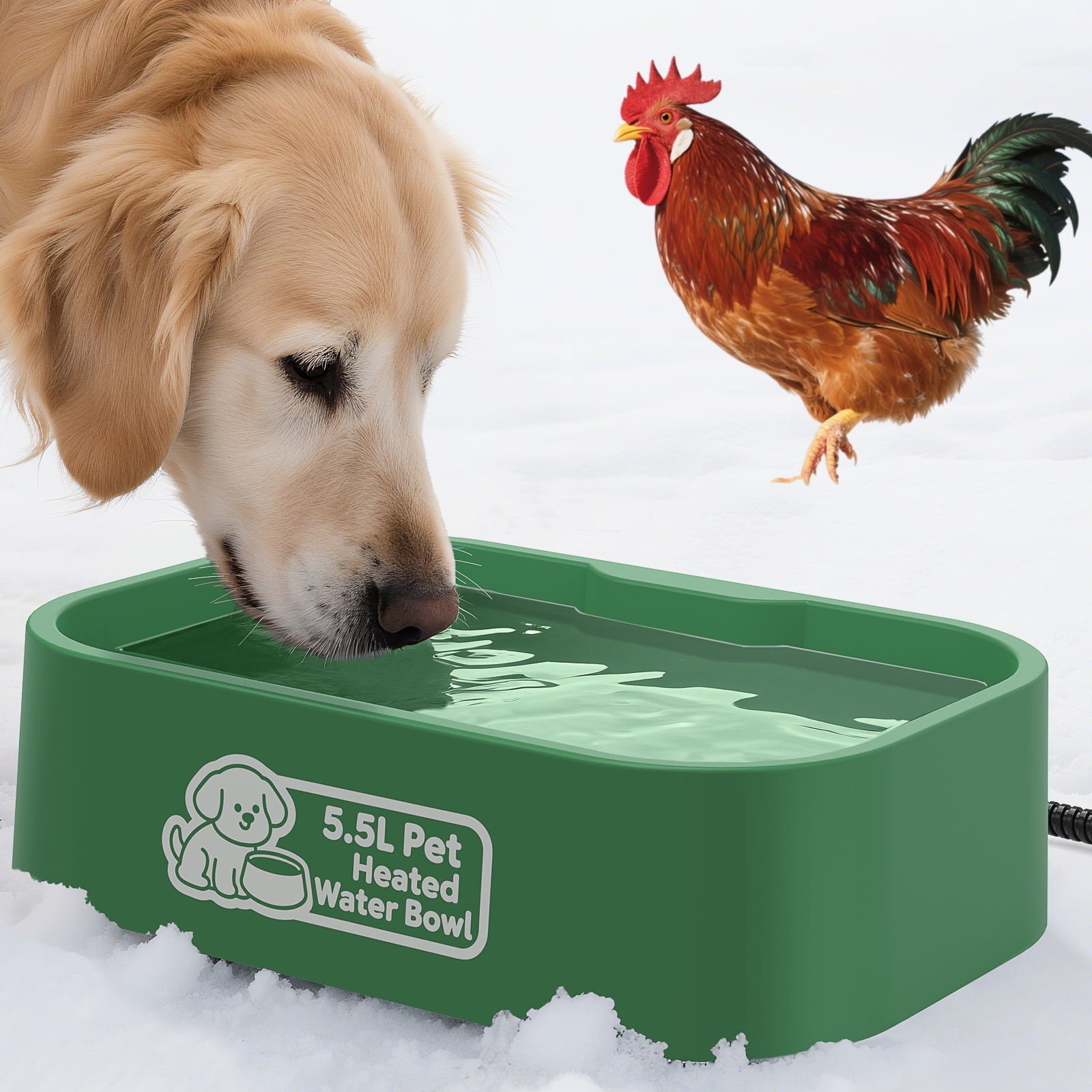 Pet Heated Water Bowl - 5.5L Extra-Large Rectangular Outdoor Durable Outdoor Dog Bowl with Anti-Chew Cord, Keep Water Warm at 77-95℉ for Cats & Dogs, BPA-Free, Spill-Proof, Green