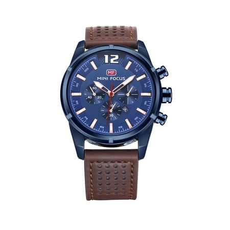 Mens Quartz Watch Blue Case Leather Strap 3 Dials Date Exquisite Design for Friends Lovers Best Holiday Gift