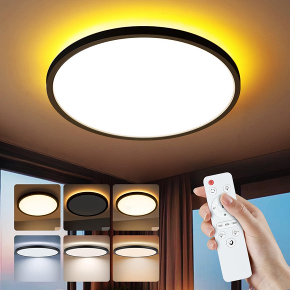 VOURTM Lámpara de Techo LED con Función de Luz de Fondo, 2 Modos y 3 Temperaturas de Color, 30CM Lámparas para Recámara,Control Remoto de Brillo y Temperatu