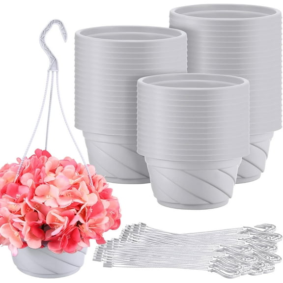 50 Pcs Plastic Hanging Planter Round Hanging Pot for Plants Containers with Hook Flower Plant Pots Holders for Outdoor Indoor Plant Balcony Garden Decor(Gray White)