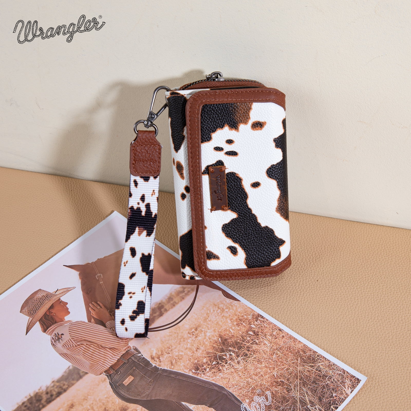 Wrangler Wallet Purse for Women Minimalist Wristlet Wallet with RFID Blocking Credit Card Holder, Cow Brown