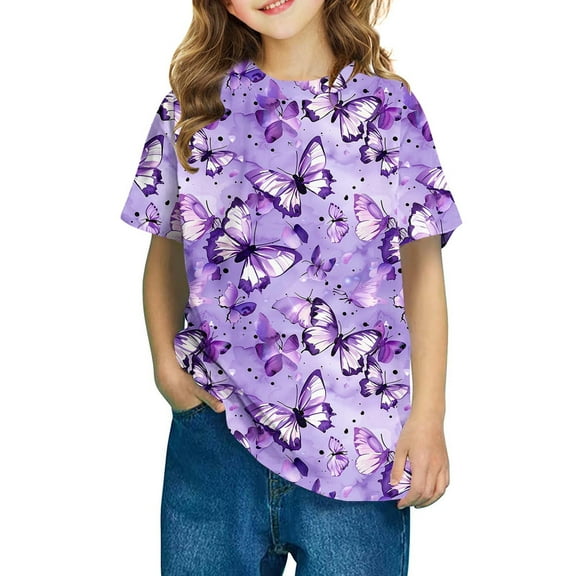BRGZLK Kids Girls Summer T Shirts Butterflies Floral Print Casual Short Sleeve Round Neck Stylish Comfortable Tops for All Occasions A 7-8 Years