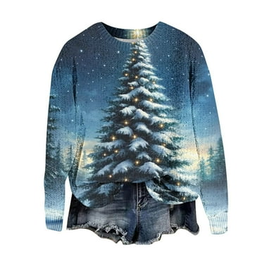 Women's Christmas Sweater - Womens Sweaters, Women's Christmas Printed Sweater Xmas Tree Sweaters Long Sleeved Round Neck Sweater Pullover Tops