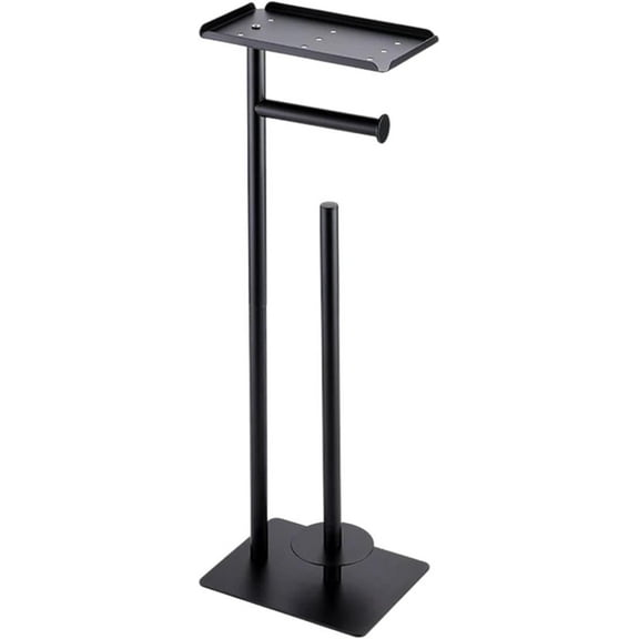 WZW Toilet Paper Stand with Storage Shelf, Black Metal, Holds 4 Rolls, Free Standing