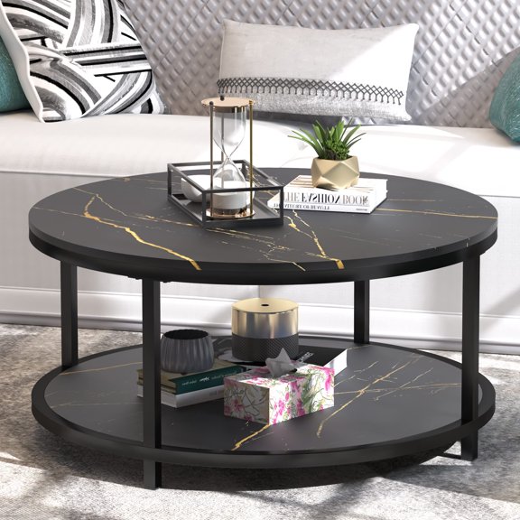 Round Coffee Table Black With Gold Stripes 35.8 Inch Industrial Style Metal Frame Open Shelf
