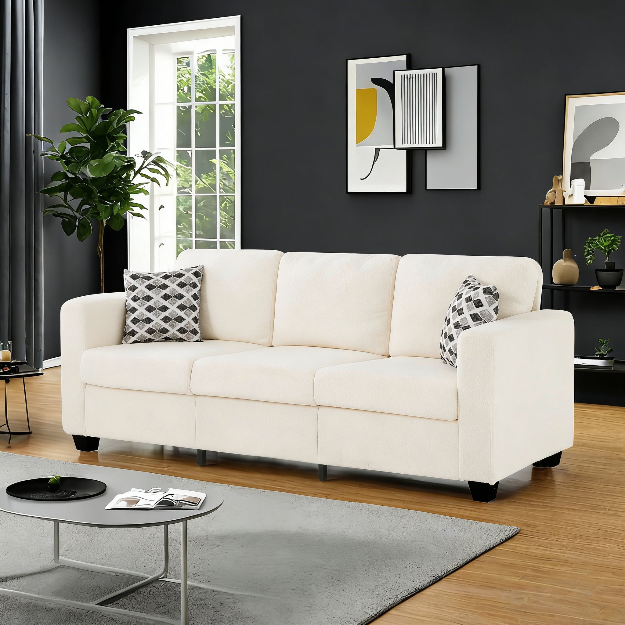 Gewnee 86.6”Teddy Velvet Sofa Couch,Comfy Extra Deep Seat 3 Seater Couches for Living Room with 2 Pillows.Beige