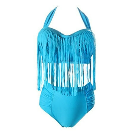- LELINTA Fashion Halter Plus Size High Waist Braided Fringe Top Bikini Swimwear for Women Black/Blue/Red