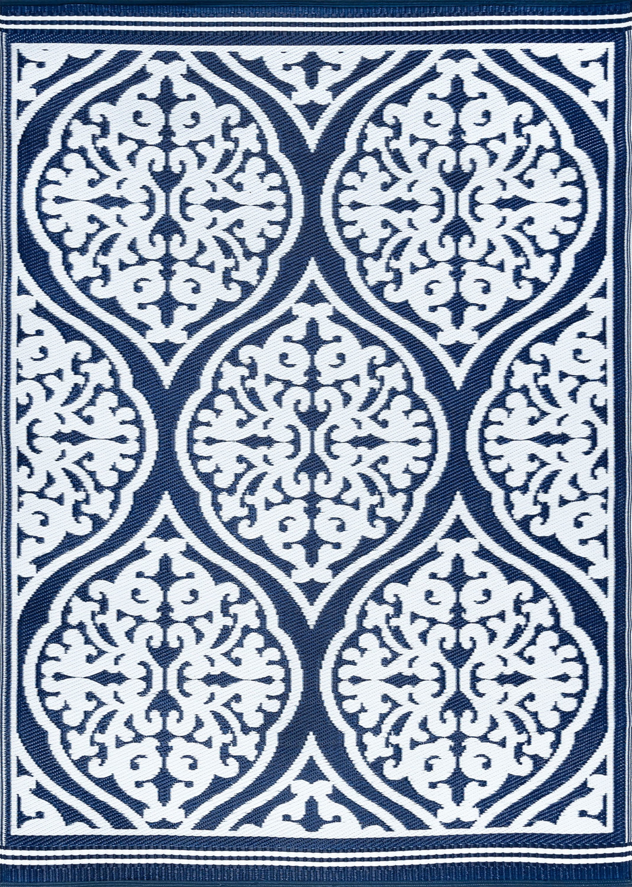 8x10 Reversible Navy and White Polypropylene Outdoor Damask Area Rug