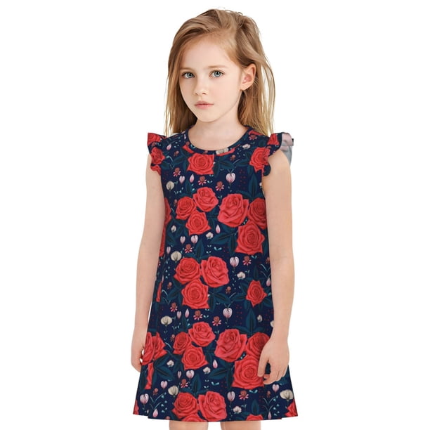 Balery Rose Flower Camisón de princesa para niñas, pijama de algodón con mangas abullonadas, suave y bonito.-Medium
