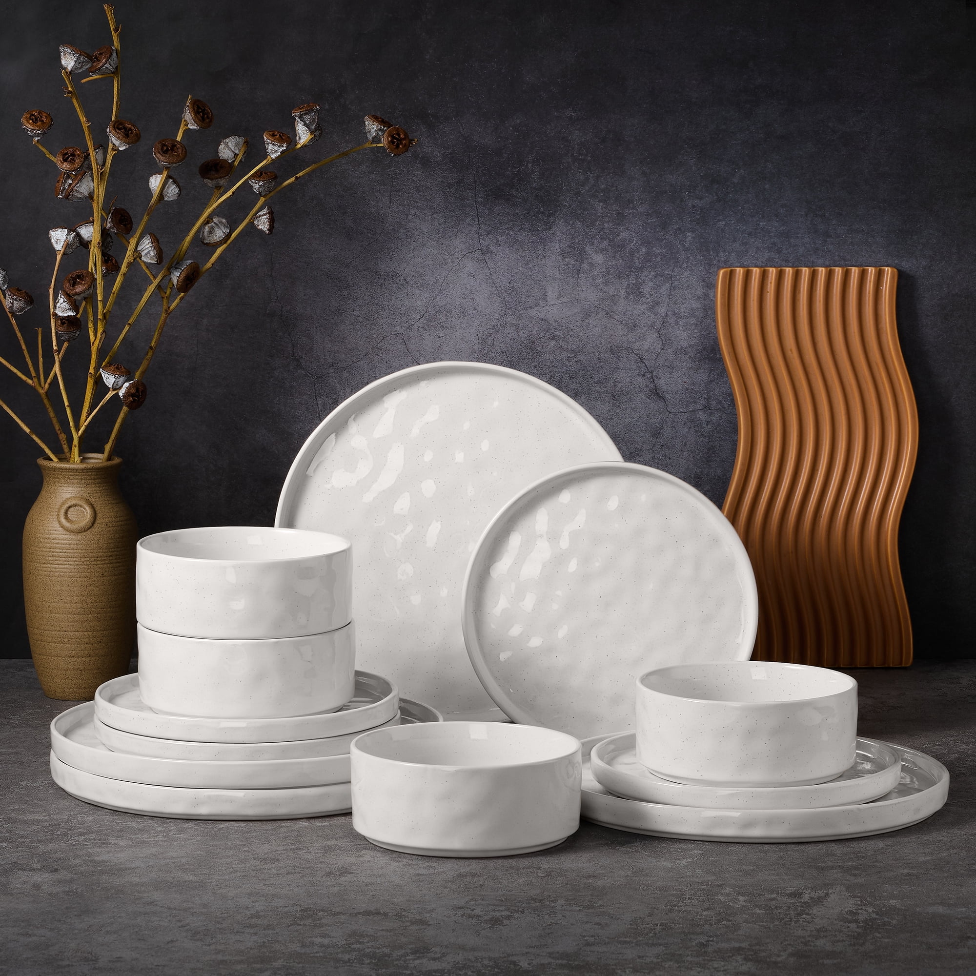 Vesteel 12-Piece Stoneware Dinnerware Set for 4, Speckled White photo 5