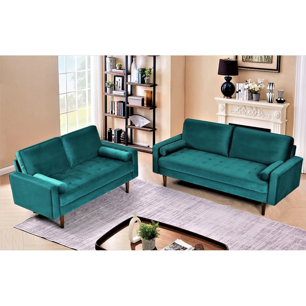 Uspridefurniture Monahan Velvet 2PC Living Room Sets, Sofa Loveseat, Greenish Blue