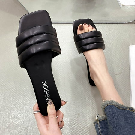 

Sawvnm Women s Fashion Casual Comfort Retro Open-toe Flats Everyday Shoes Slippers Great Gifts for Less Black US:4.5